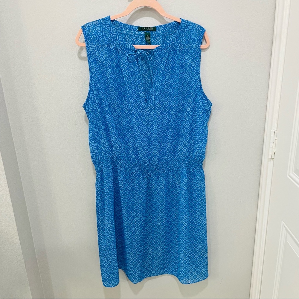 Lauren Ralph Lauren Blue Geometric Midi Dress Semi Sheer Womens Plus Size 16